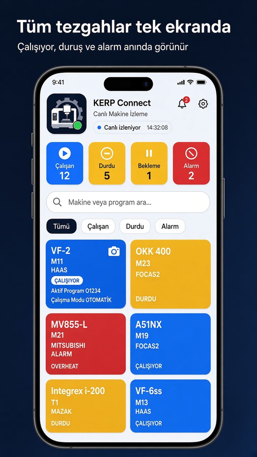 Mobil uygulamada tüm tezgahlar tek ekranda