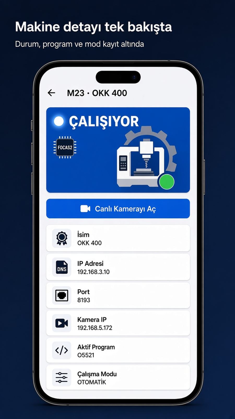Makine detayı: durum, program, mod