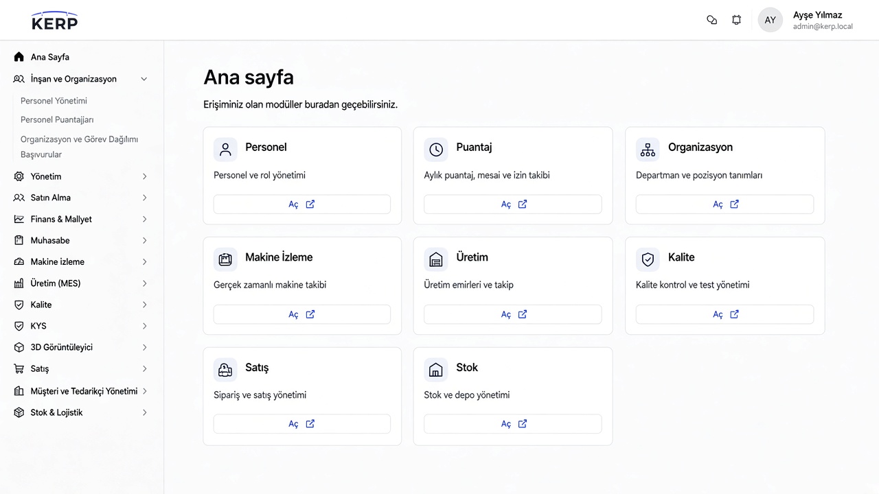 KERP ana sayfa, rol bazlı modül kartları