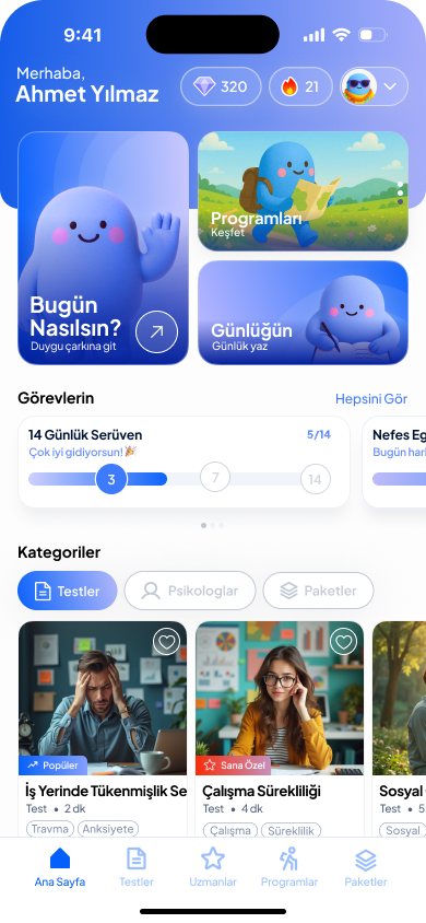Mentalim ana sayfa: görevler, yolculuklar, günlük, testler, psikologlar