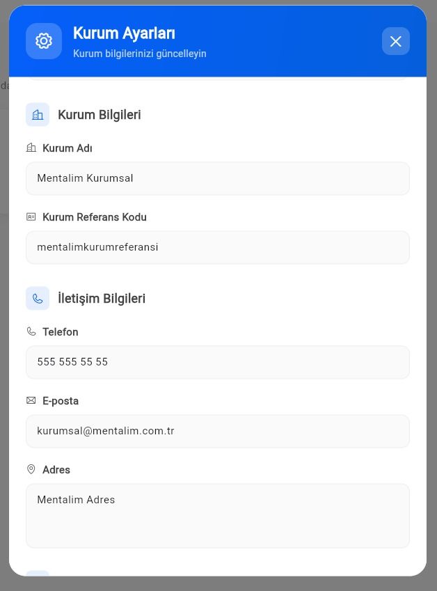 Kurum ayarları ekranı