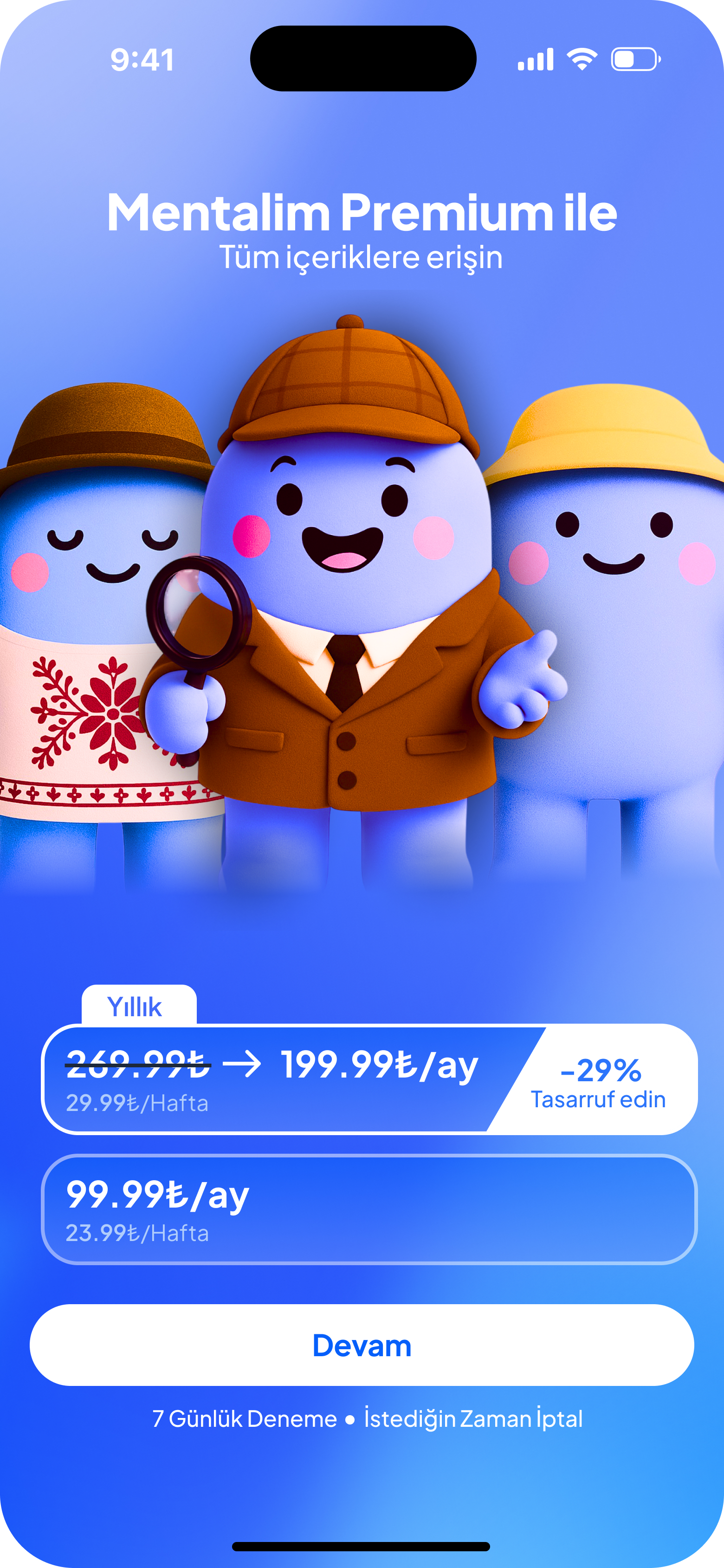 Mentalim Premium yıllık ve aylık abonelik ekranı