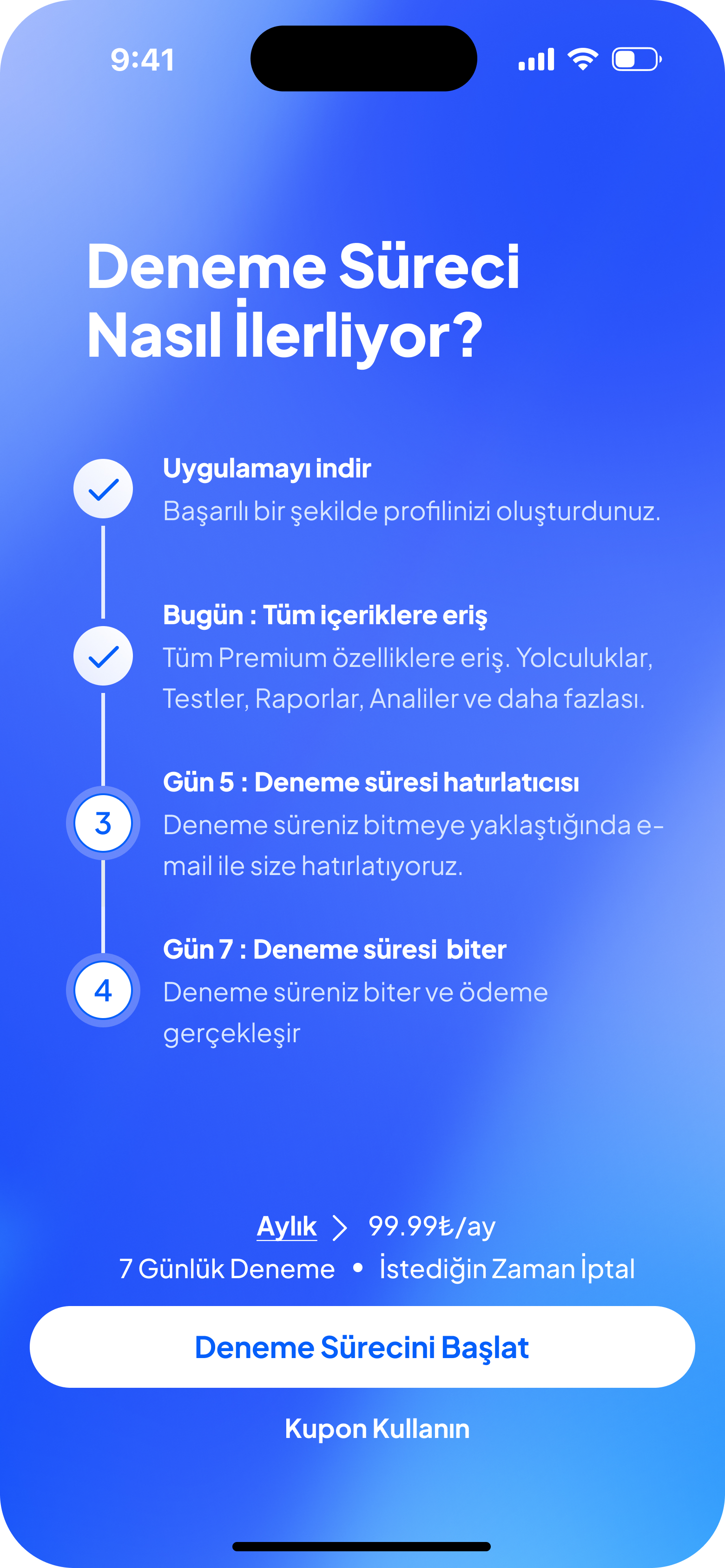 Ücretsiz deneme takvimi, iptal hakkı ve kupon alanı