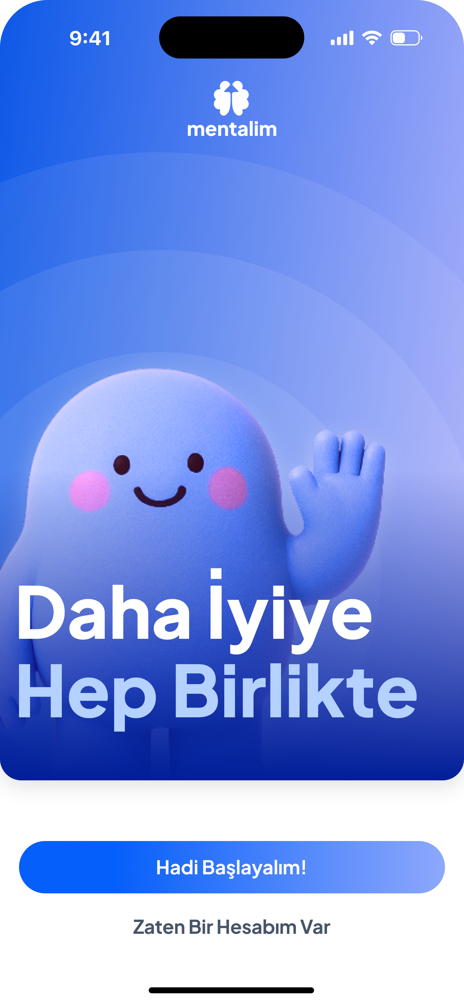 Mentalim açılış ekranı, iPhone çerçevesinde