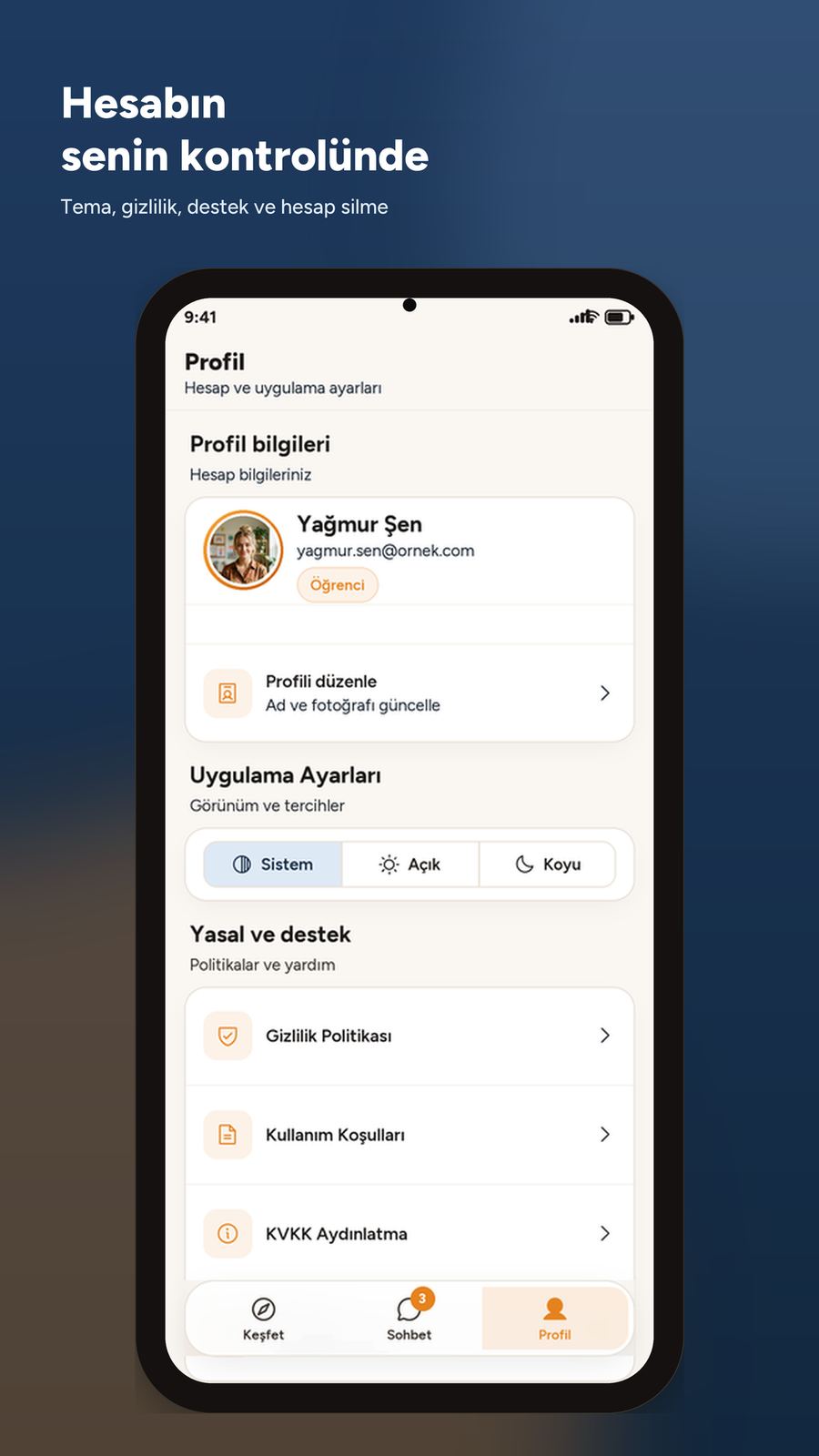 Profil, tema, gizlilik ve hesap silme