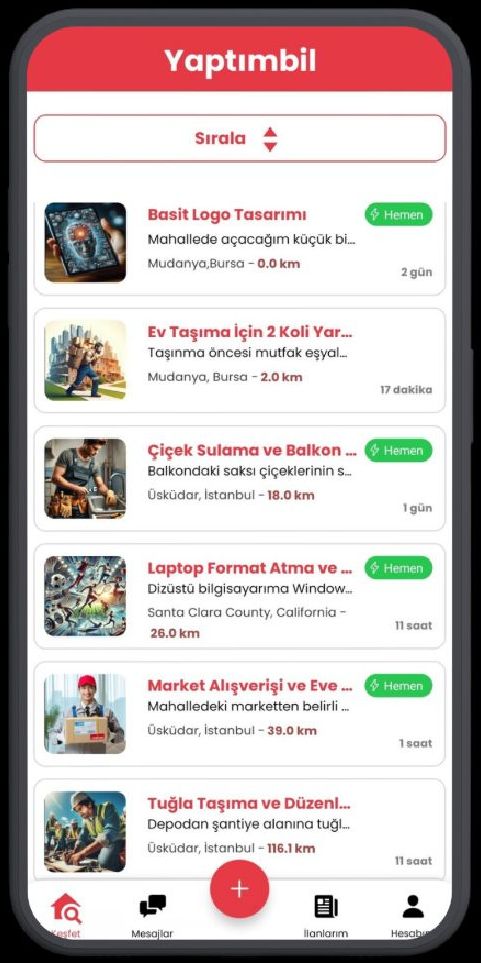Yaptımbil keşfet ekranı, mesafeye göre iş ilanları